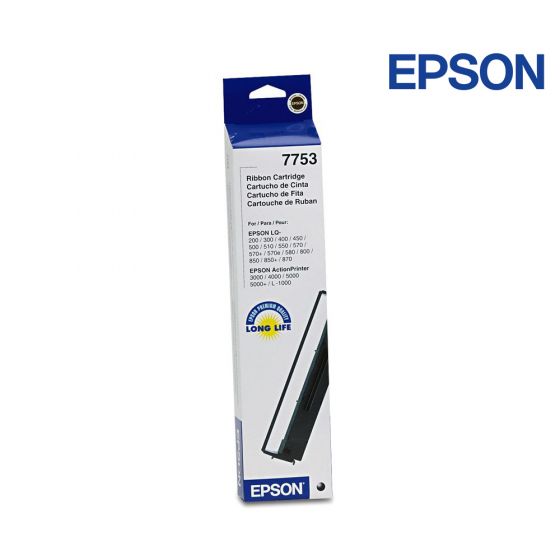 Epson 7753 Black Ribbon Cartridges For Epson 3000 ActionPrinter, 4000, 5000, 5000 Plus, L-1000,  3000, 4000, Apex L-1000, ERC-19, LQ 570, 200, 300, 300 Plus, 300+ II,  350, 450, 500,  510, 550, 570 Plus, 570e, 580, 800, 850, 850 Plus, 870, P88E