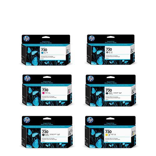 HP 730 130ml Ink Cartridge 1 Set | Matte Black P2V65A | Photo Black P2V67A | Cyan P2V62A | Gray P2V66A | Magenta P2V63A | Yellow P2V64A for HP DesignJet T1700 44”, T1700 PostScript, T1700dr, T1700dr SP Printer