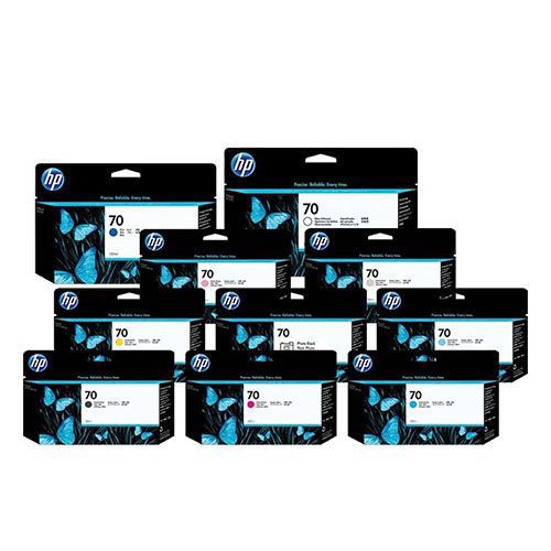 HP 70 130ml Ink Cartridge 1 Set | Photo Black C9449A | Matte Black C9448A | Gray C9450A | Light Gray C9451A |Gloss C9459A | Blue C9458A |Light Cyan C9390A | Magenta C9453A | Light Magenta C9455A |Yellow C9454A for HP Designjet Z2100, Z2100 24-in, Z2100 44